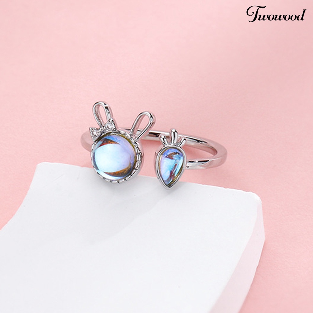 Twowood Wanita Cincin Shiny Faux Moonstone Animal Element Adjustable Opening Design Hadiah Hias Kelinci Kecil Lobak Jari Cincin Perhiasan Pesta Untuk Pacaran