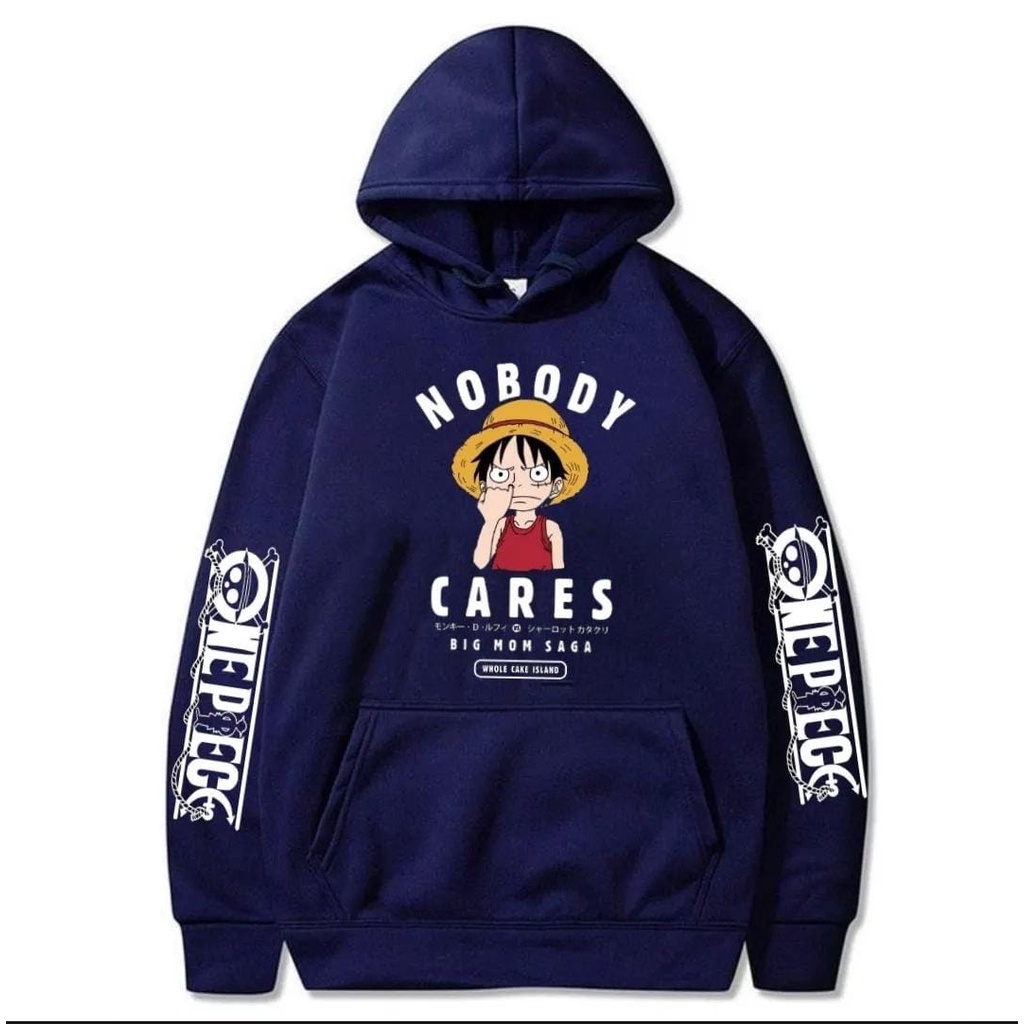 Jaket Sweater Hoodie One Piece Monkey D Luffy NOBODY CARES Navy Premium