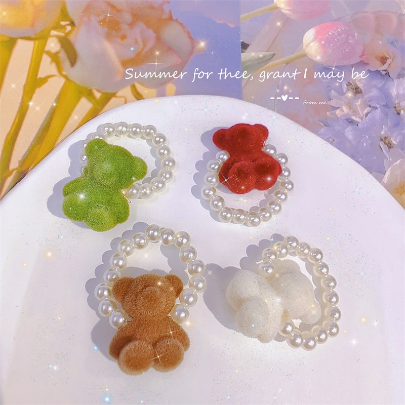 Fashion Wanita Perhiasan Resin Buatan Mutiara Flocking Bear Cincin