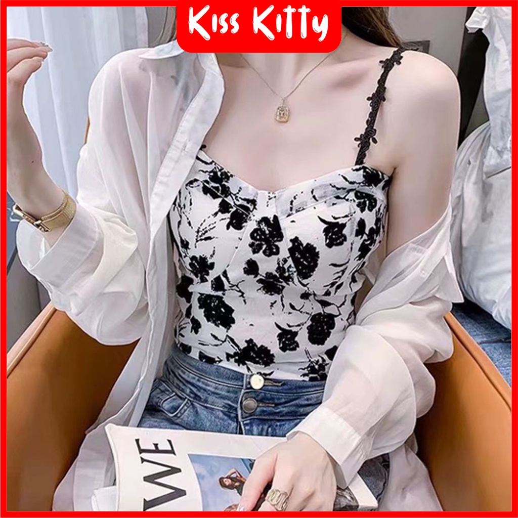 Tank Top Bra Wanita Pakaian Dalam BH Motif Bunga Casual Tali Crop Top Impor Korean Jepang