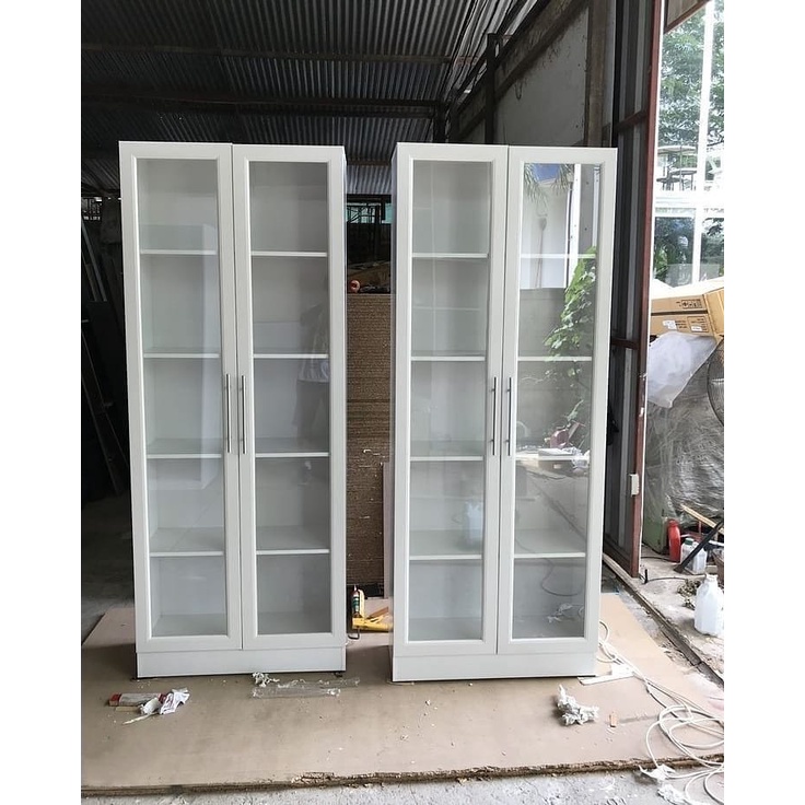 Lemari Hias Rak Perpustakaan, Lemari Buku Sekolah, Desain Minimalis Cat Duco Pintu Kaca