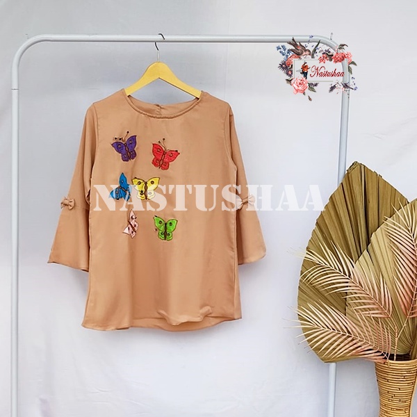Baju Atasan Wanita Blouse Butterfly Lengan Terompet 7/8 Cantik Warna Polos Bordir Asli Motif Kupu-Kupu Top Wanita Dewasa