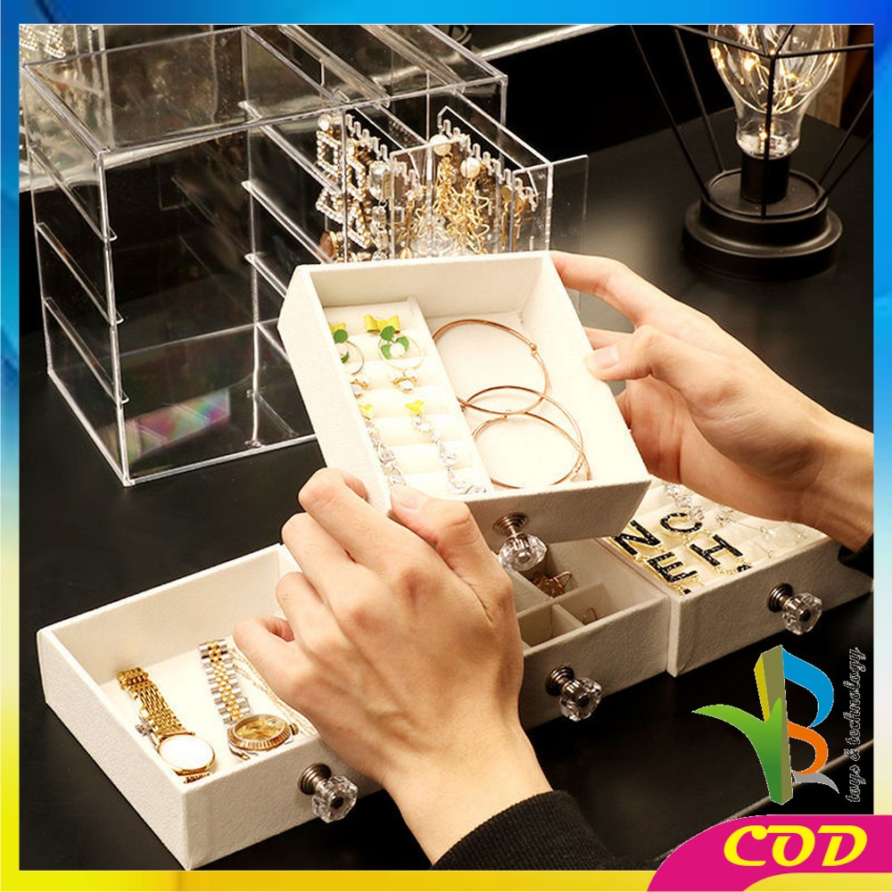 RB-K136 Kotak Perhiasan Tingkat 4 Laci Rak Acrylic Organizer Anting Cincin Anti Debu / Tempat Penyimpanan Aksesoris Kalung Wanita Rak Kosmetik Multifungsi