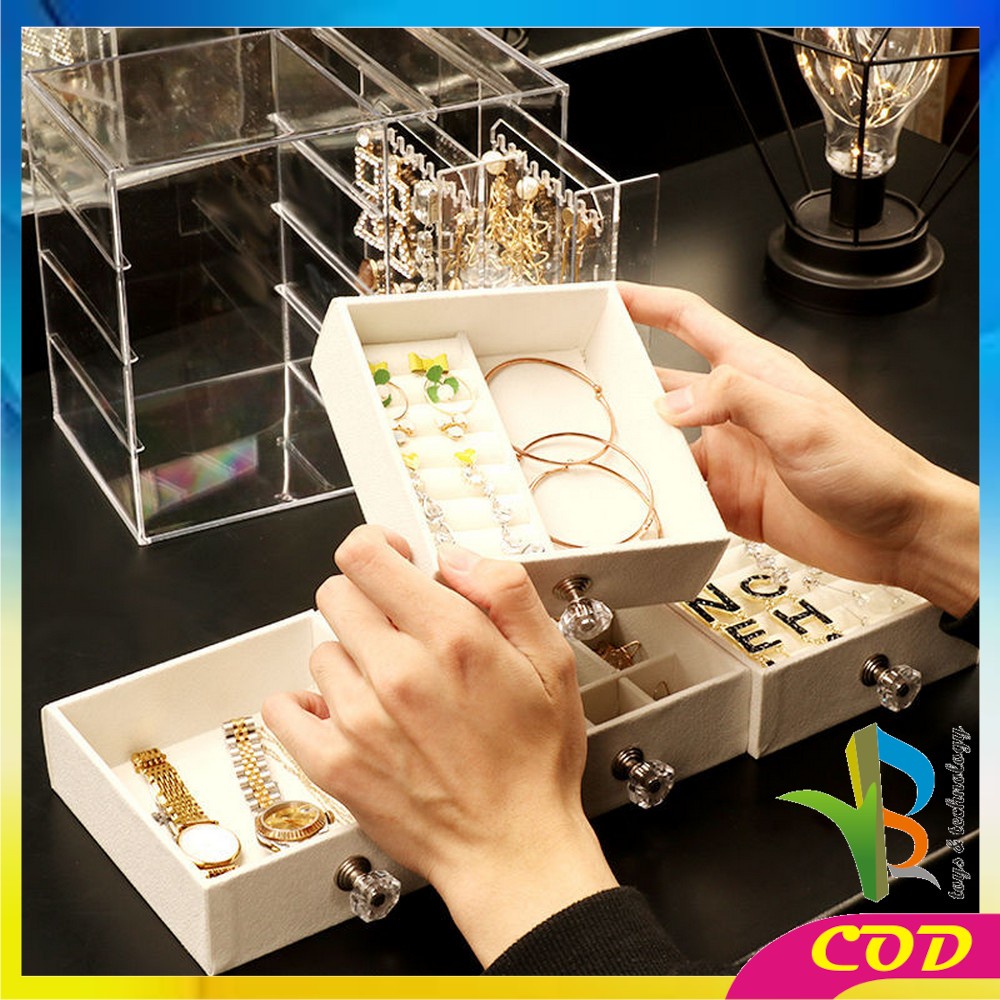 RB-K136 Kotak Perhiasan Tingkat 4 Laci Rak Acrylic Organizer Anting Cincin Anti Debu / Tempat Penyimpanan Aksesoris Kalung Wanita Rak Kosmetik Multifungsi