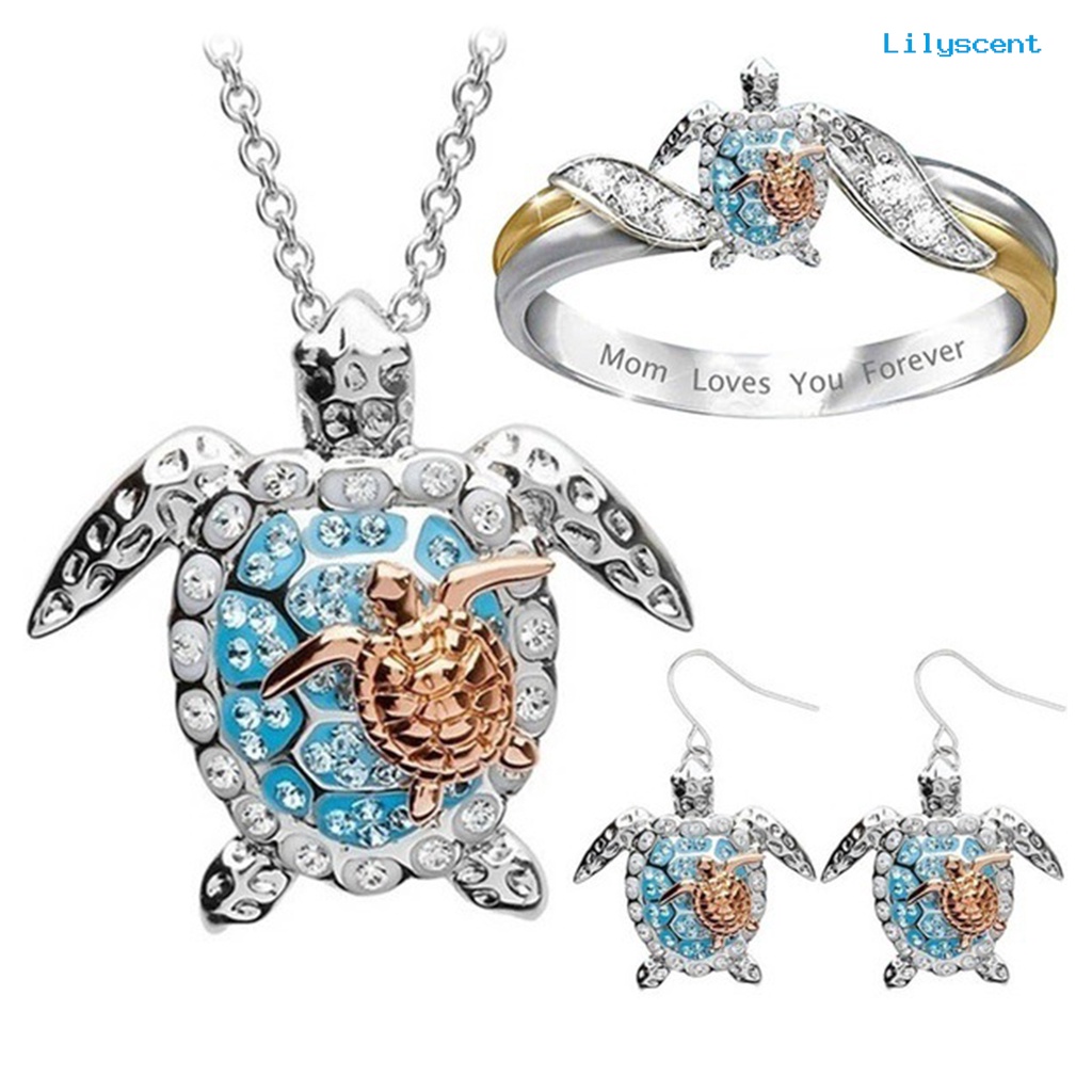 [LS] Mom Loves You Forever Sea Turtle Pendant Kalung Cincin Ear Hook Anting Set