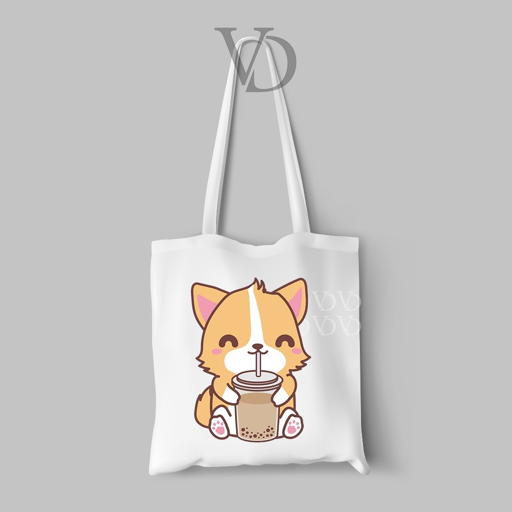 tote bag kanvas motif anjing corgy / totebag / tas belanja corgy cute
