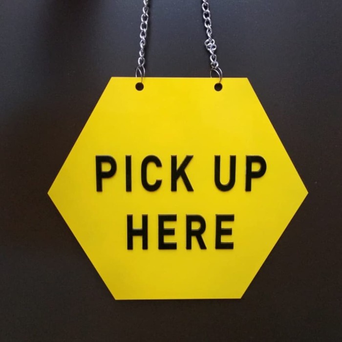 

PICK UP HERE HEXAGON SIGNAGE KUNING SIGN BOARD AKRILIK TIMBUL