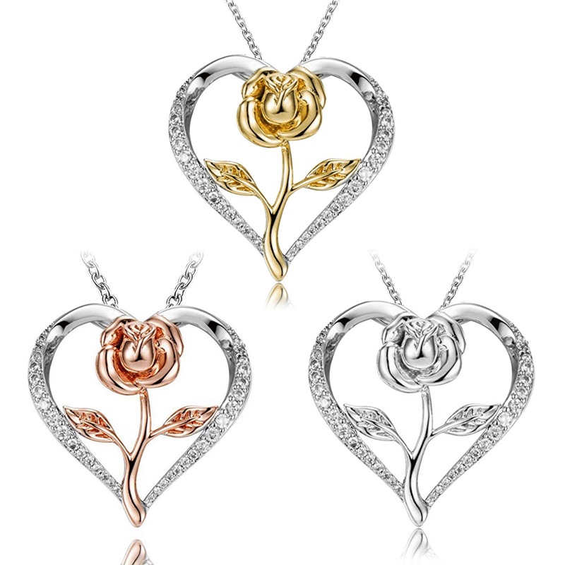 Kalung Fashion Wanita Perhiasan Aksesoris Desain Mawar Alloy Love Hias Kristal Necklace Untuk Wanita