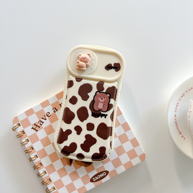 Leopard Print &amp; Milk Bear Doll Push The Window Cover Soft Case iP iPhone 11 12 13 14 Pro Max Brown Casing Apple