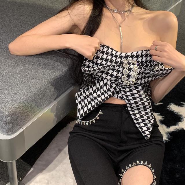 Suhao Setelan Jas Dua Potong Batas Atas 2022 Musim Semi Baru Desain Houndstooth Busur Tabung Atas Atas Celah Celana Wanita