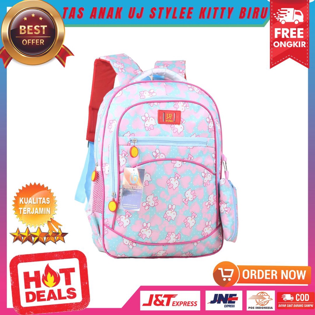 Tas Gendong Anak Ransel TK SD Karakter Kitty Biru Backpack Anak Perempuan Cewek Fashionable Keren Stylish Multifungsi Bonus Tempat Pensil