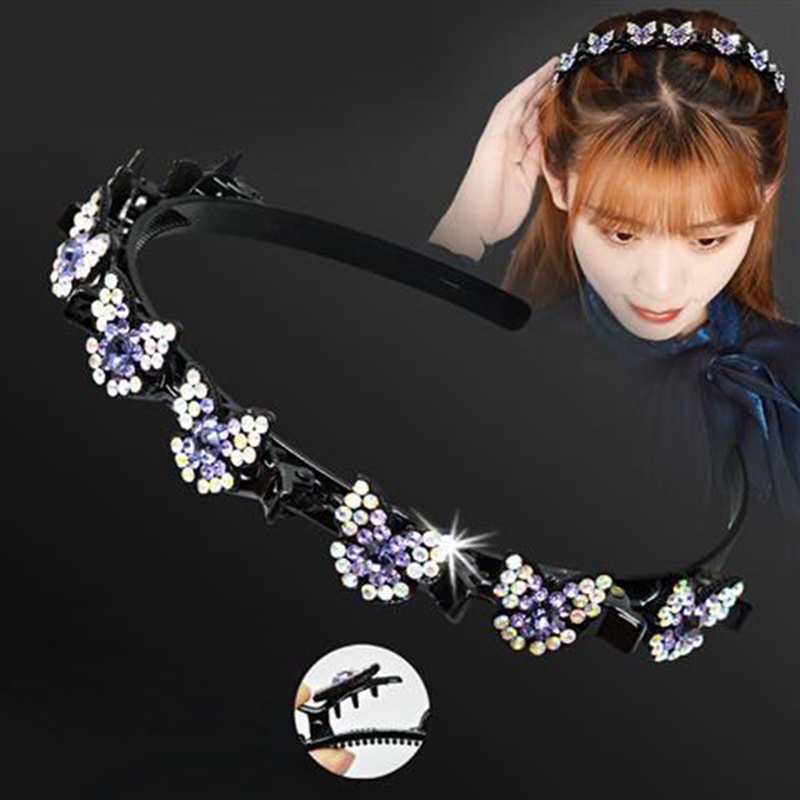 Anti-slip Hairband Berlian Imitasi Kupu-Kupu Ikat Kepala Wanita Rambut Band Hoop Cakar Klip Poni Ganda Gaya Rambut Mengepang Alat