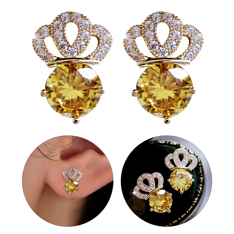 Anting Tusuk Mahkota Fashion Mewah Dengan Pink Kuning Untuk Wanita Anting Perempuan Halus Hadiah Gadis Pernikahan Tren Perhiasan