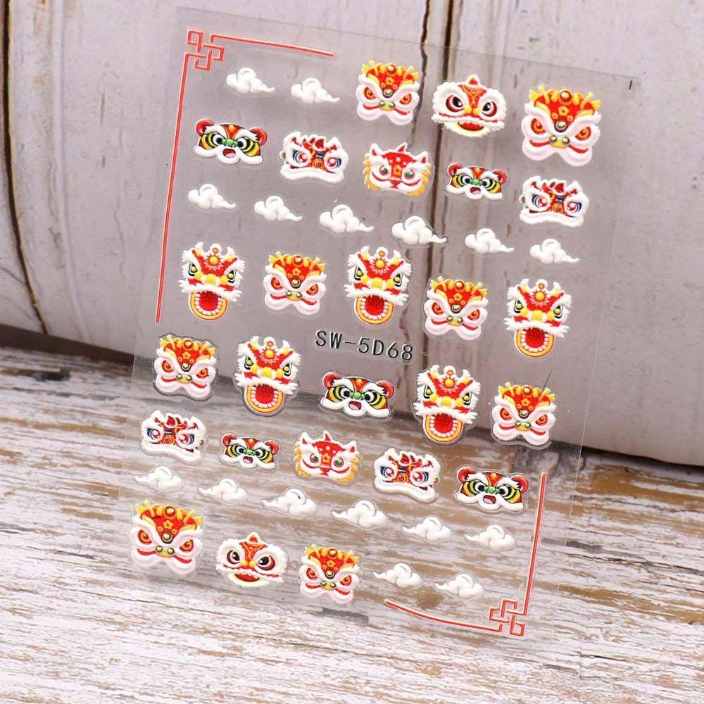 Needway Stiker Kuku Imlek 5D Relief Cute Lion New Year Nail Art FU Karakter Karakter Cina Perekat Diri Dekorasi Nail Art