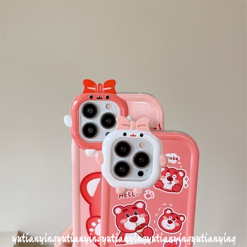 IPHONE Case Lensa Little Monster 3D Bow-knot Kompatibel Untuk Iphone7Plus11 Pro Max13 12 14 Pro Max 6s 6 8 14 Plus XR X XS Max SE 2020kartun Manis Strawberry Bear Manyo Cute Soft Cover