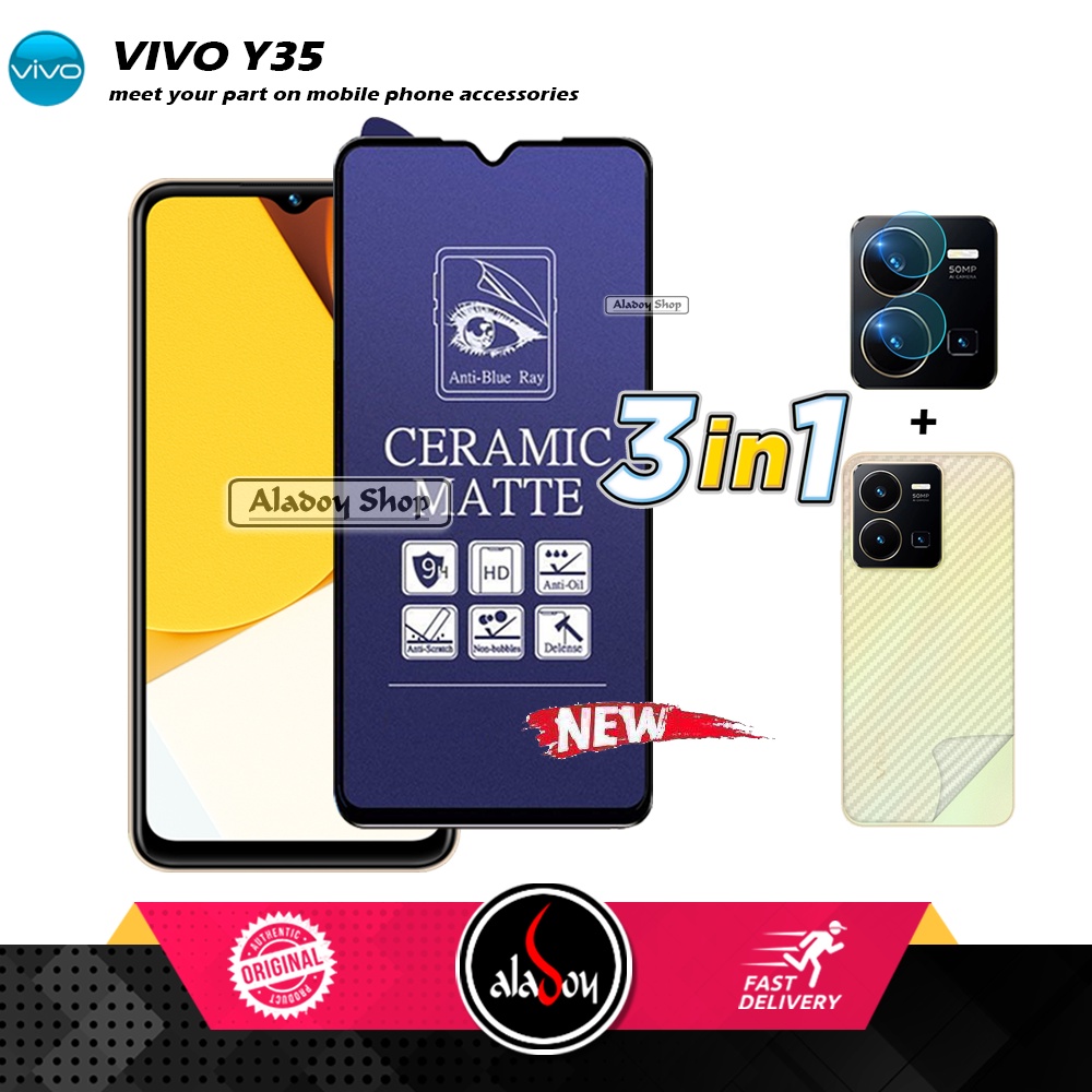 PAKET 3IN1 Anti Gores Blue Matte Anti Glare Vivo Y35 + Tempered Glass Camera dan Skin Carbon