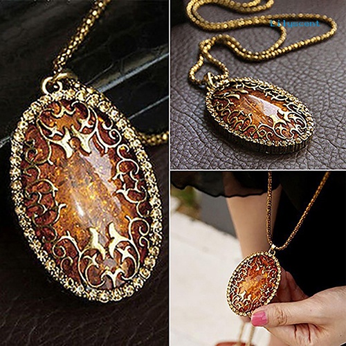 [LS]Wanita Vintage Amber Hollow Liontin Kalung Rantai Panjang Perhiasan Hadiah