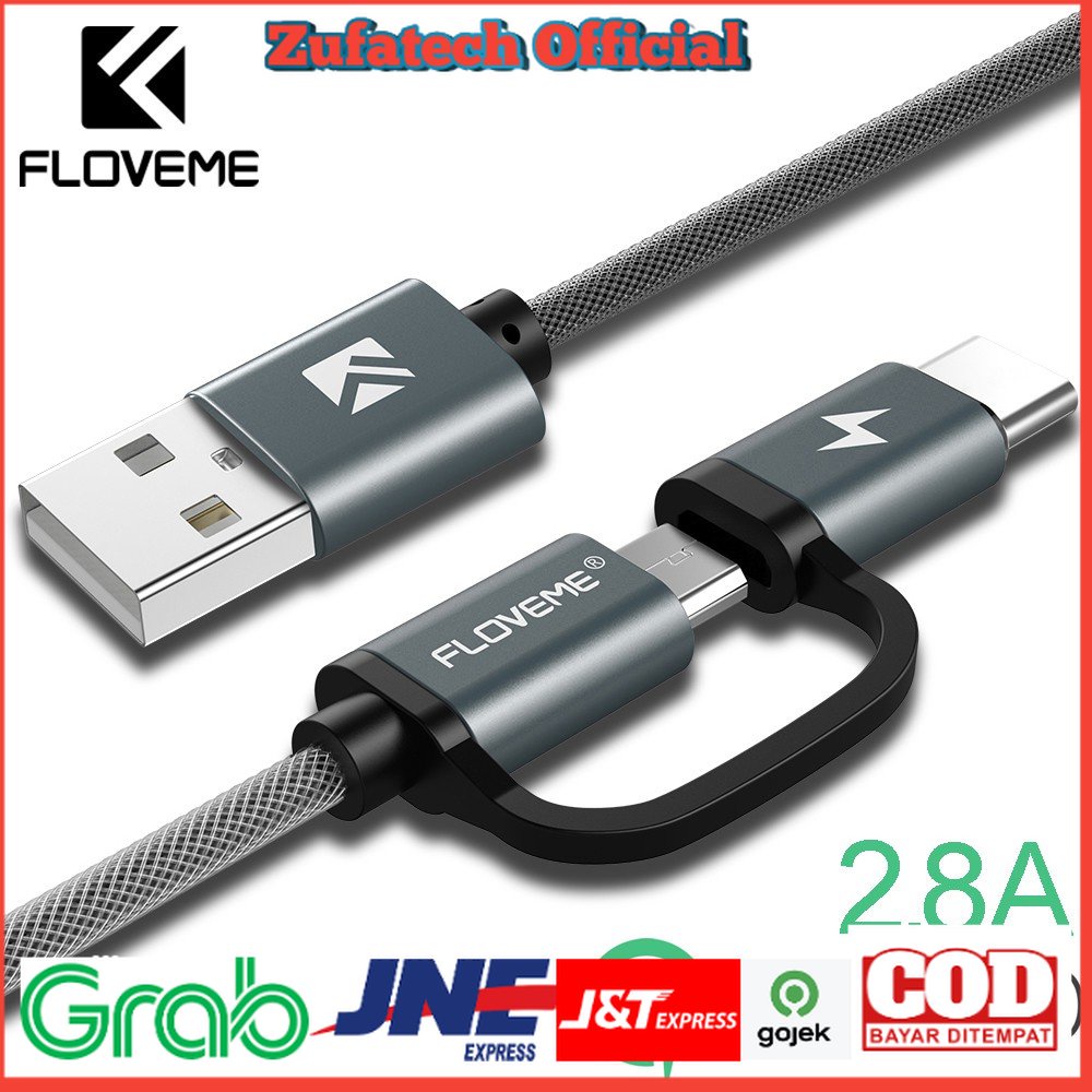 Floveme Kabel Charger 2 in 1 Micro USB + USB Type C QC3.0 2.8A 100cm - P9 - Gray