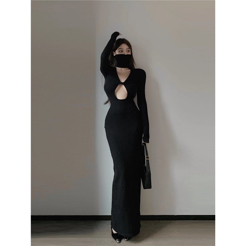 ♨Suhao Babes Lengan Panjang Berongga Rajutan Gaun Wanita Musim Gugur Hitam Berleher Tinggi Unik Seksi Pertengahan Panjang Paket Rok Pinggul
