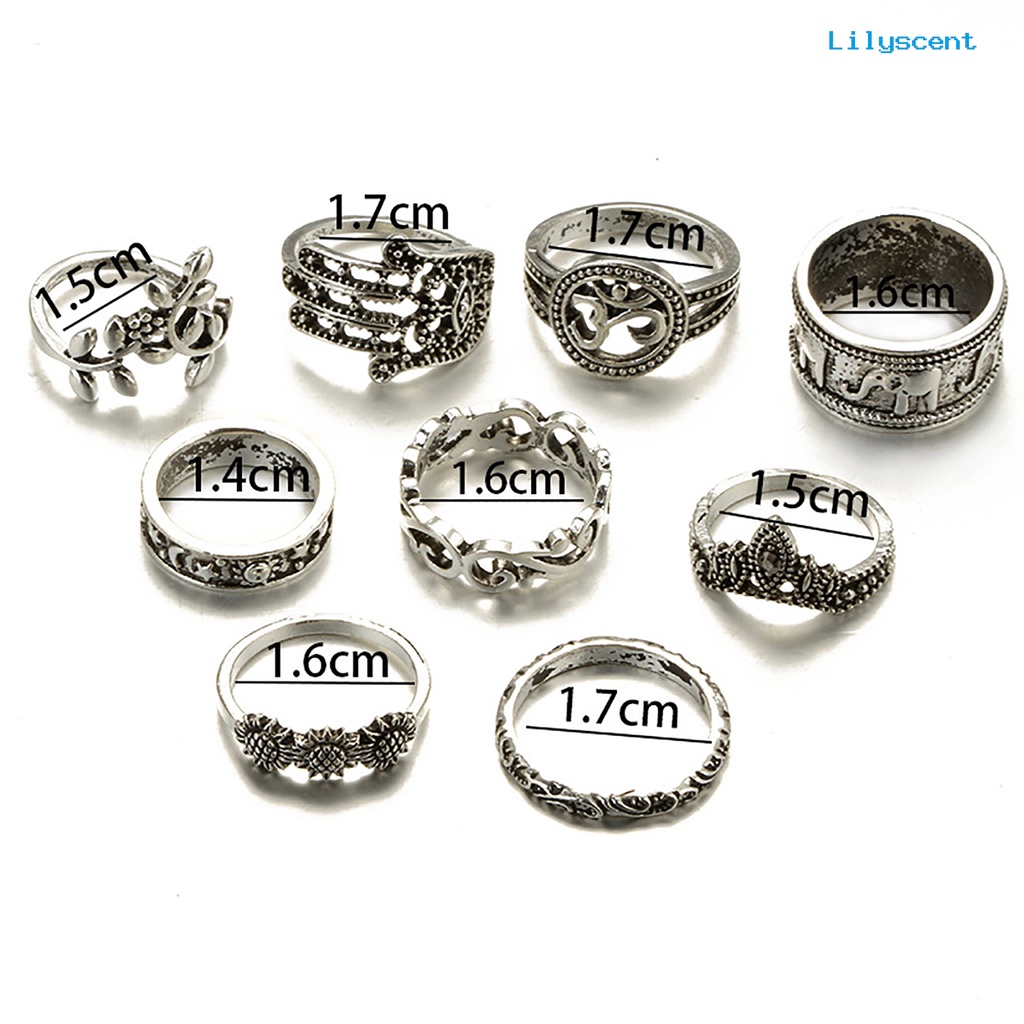 [LS]9 Pcs Diukir Bunga Dapat Ditumpuk Knuckle Rings Warna Perak Bohemia Berongga Jari Cincin Aksesori Perhiasan