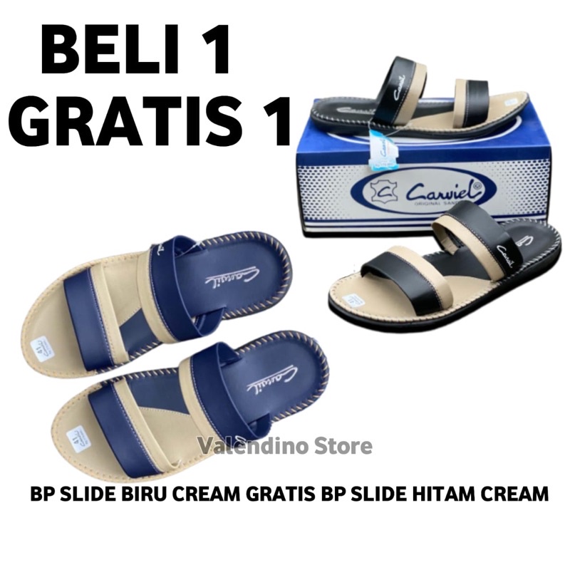 SANDAL KULIT PRIA BELI 1 GRATIS 1-BP SLIDE Biru+ Hitam