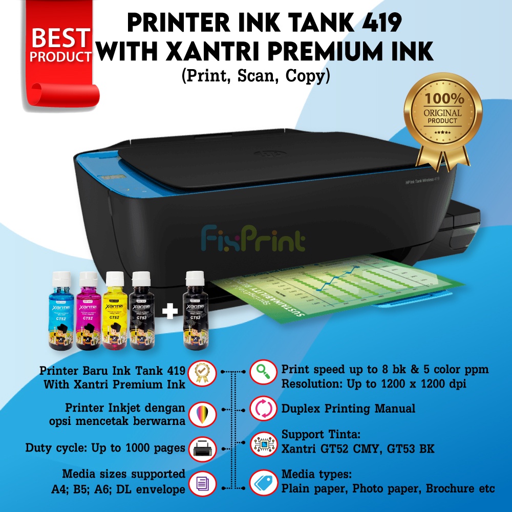 Printer HP Ink Tank 419 Wireless All-In-One (Print Scan Copy) New With Original Ink