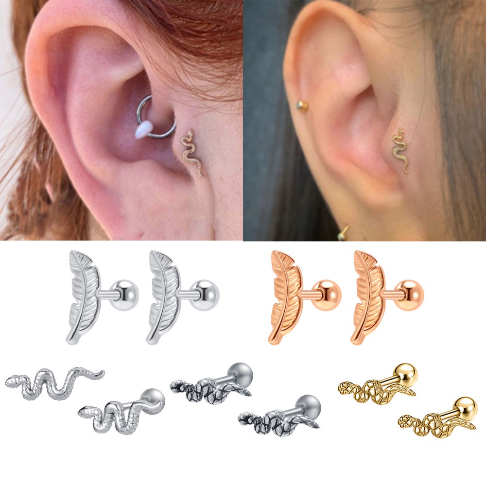 1pasang 316L Anting Stainless Steel Gothic Earrings Daun Ular Punk Stud Earrings Perhiasan Tindik Tubuh