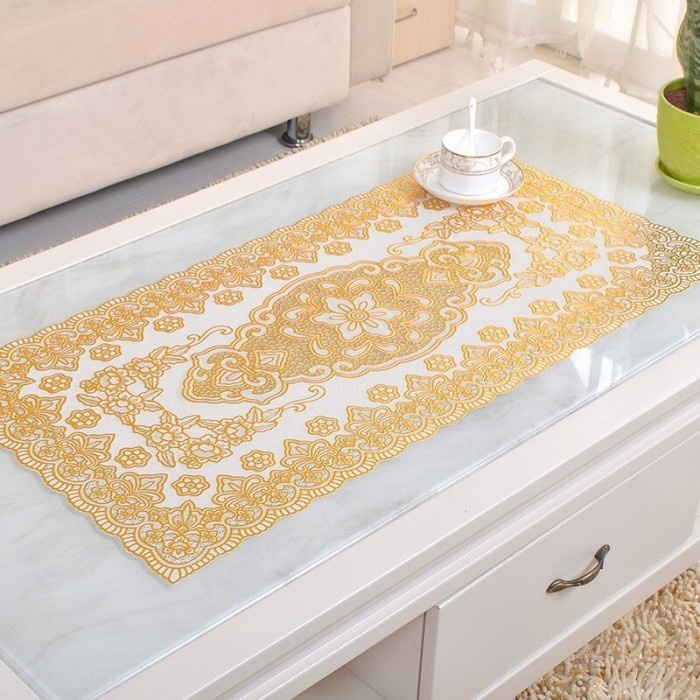 (SerbaSerbi)Taplak Meja Import / Alas Meja Ruang Tamu Mewah -Pvc Anti Air  Gold &amp; Silver - 60x100