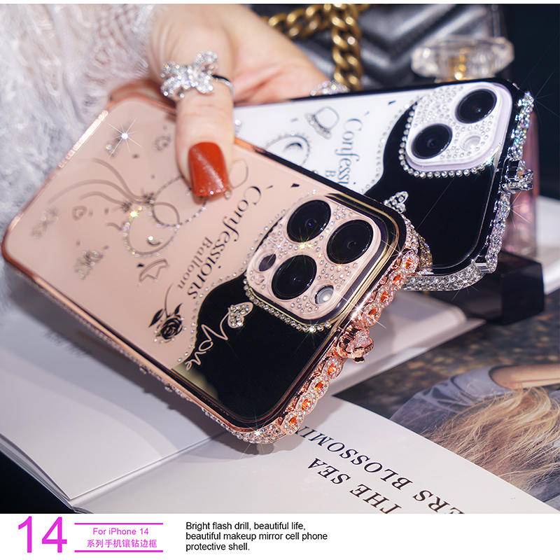 IPHONE Casing Bor Flash Mewah Bingkai Logam Untuk iPhone14 13 12 11 Pro Max Plus Rhinestones Perlindungan Lensa Akrilik Shockproof Penutup Belakang Untuk iPhone14 iPhone13 iPhone12 iPhone11