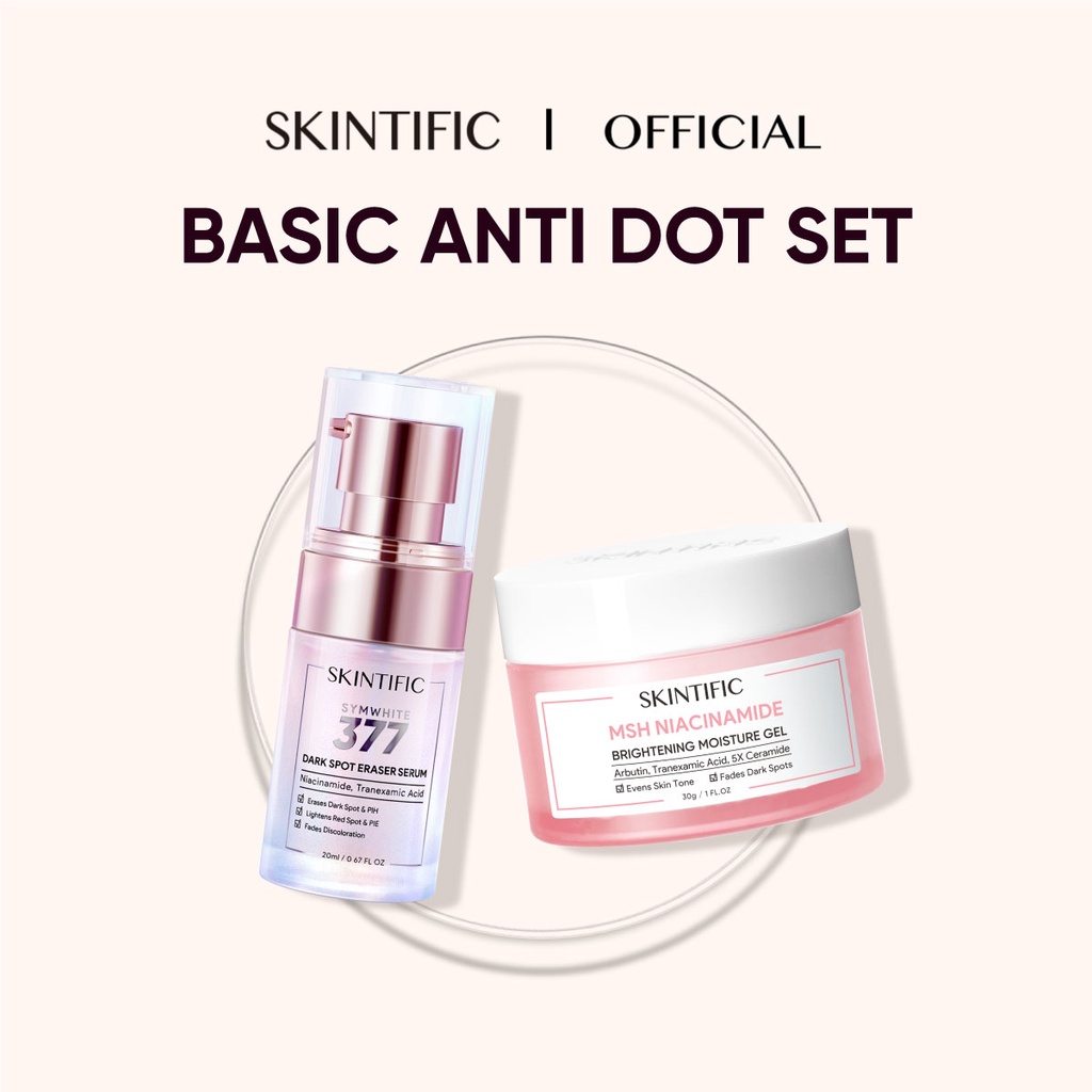 SKINTIFIC 2PCS Set Brightening & Anti Dark Spot Paket Skincare Symwhite
377 Serum + MSH Niacinamide Moisuturizer Moisture Gel