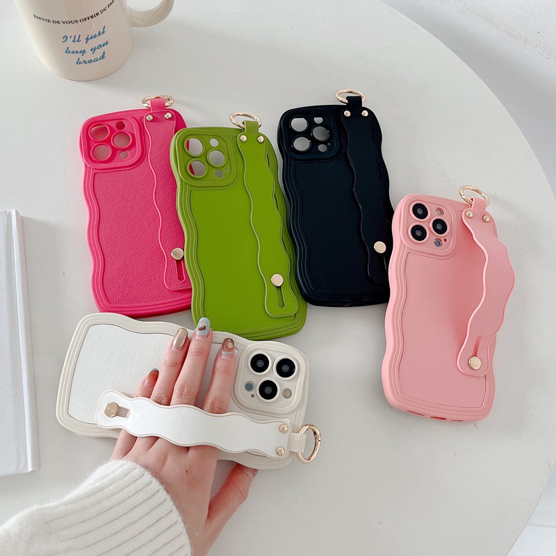 4 Colors Wave Wrist strap Leather Simple casing SoftCase OPPO A15S A35 A36 A76 A96 A7 A5S A12 A11K F9 Pro F11 A53 A33 A9 A57 A5 A3S A31 2020 Reno 5 6 7Z 8 5G Pink Red Kesing hp