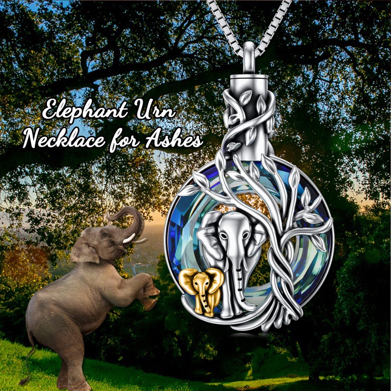 Elephant Urn Necklace For Ashes Sterling Silver Cremation Necklace With Blue Circle Crystal Elephant Cremation Jewelry