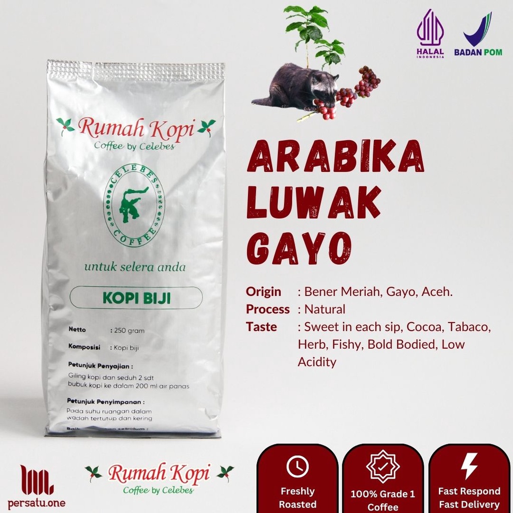 

Kopi Arabika Luwak Aceh Gayo Biji/Giling Halus/Medium | CELEBES COFFEE | Kemasan 100, 250, dan 500 gram