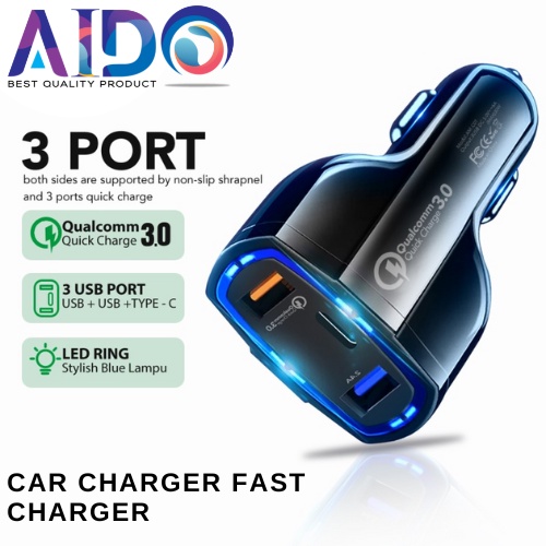 Saver Mobil Car Charger Fast Charger 3 Port USB QC 3.0 TYPE C Output Saver Mobil Pengisi Daya Ponsel Tipe C Pengisi Daya Cepat untuk iPhone 13 Xiaomi Huawei Samsung