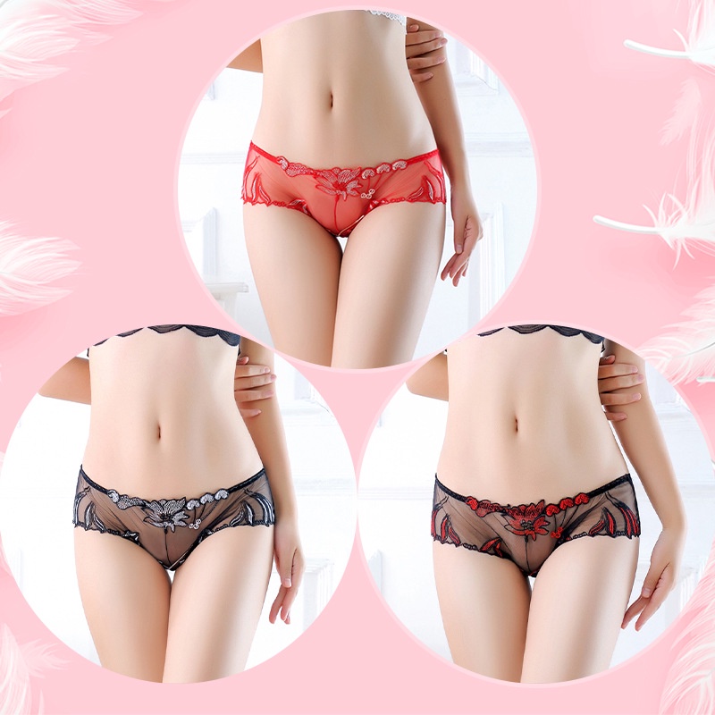 Celana Dalam Wanita Sexy Pola Bunga transparan Bordir Low Waist Celana Lingerie 3C173