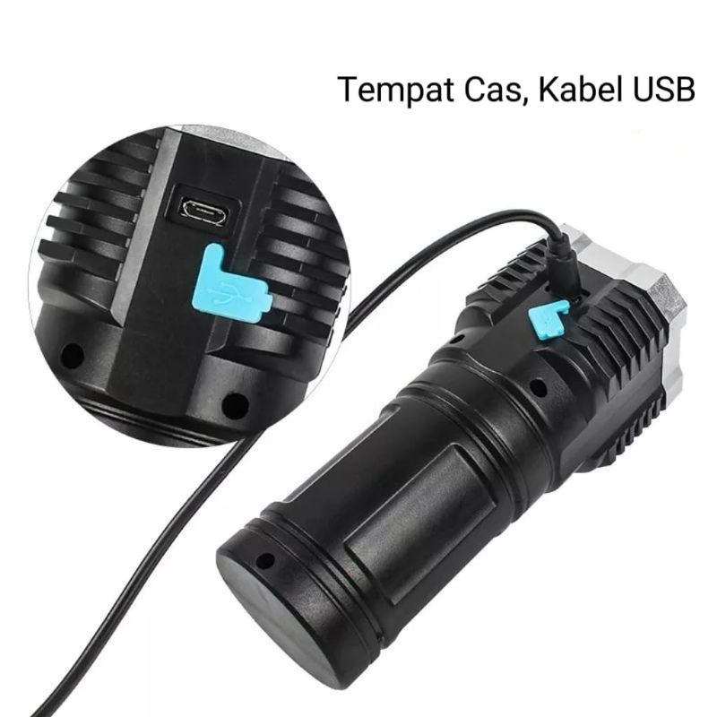 Senter LED Cas Super Terang Jarak Jauh+COB 4 Mode Emergency USB Recharge⭐Shopiipanda.olshop⭐