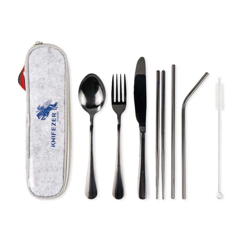 KNIFEZER Set Alat Makan Sendok Garpu Pisau Sumpit Sedotan - EA02300 Black