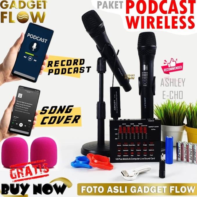 PAKET PODCAST WIRELESS Mic ASHLEY Echo E-Cho Soundcard V8 Plus for HP