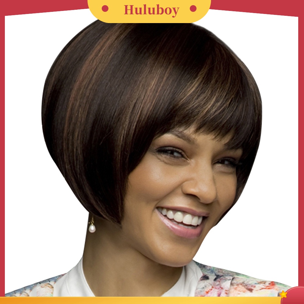 Rambut Palsu Wanita Model Bob Pendek Lurus Natural Warna Campur Untuk Pesta Cosplay