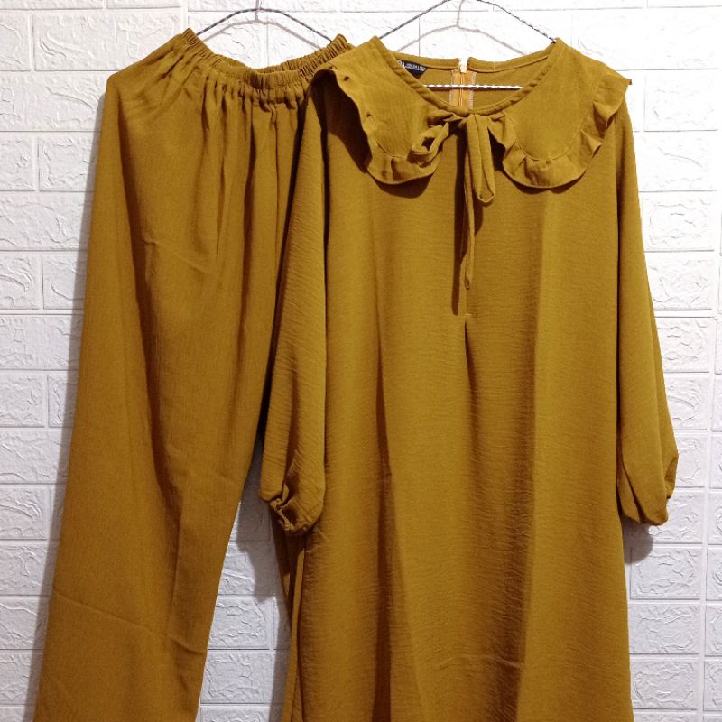 ONE SET TUNIK CRINKLE POLOS PREMIUM KERAH KOREA