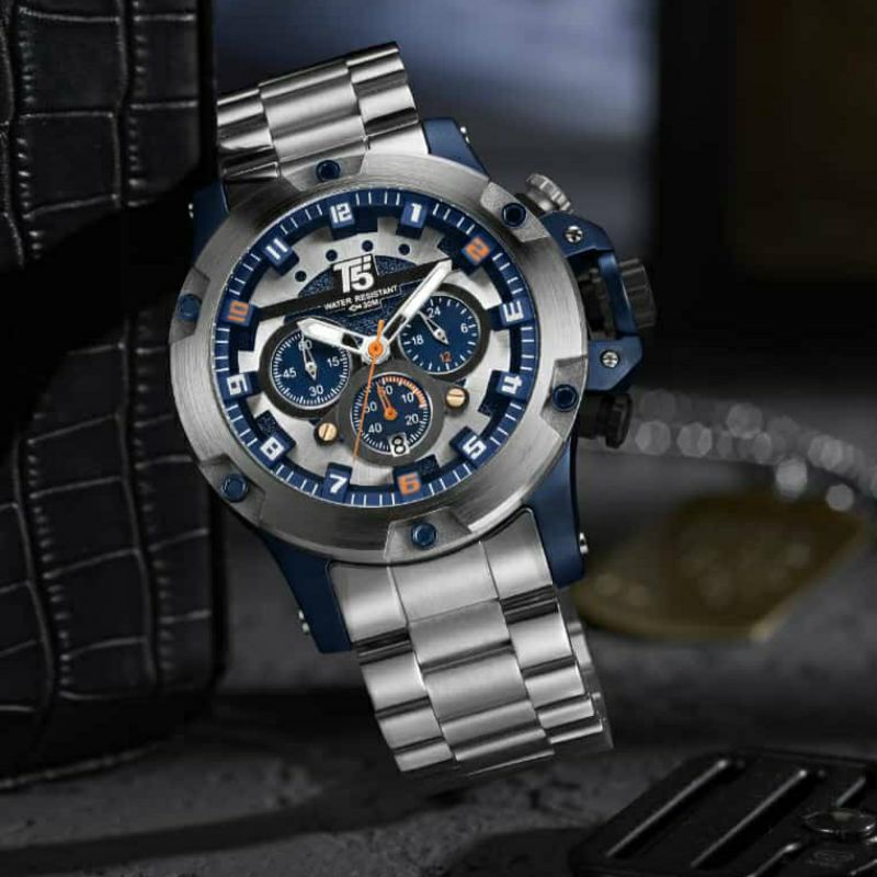 jam tangan pria Mewah T5 H3760G Rantai Silver Blue Chrono aktif Original
