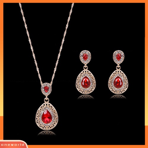 [WONE] Wanita Mewah Berlian Imitasi Oval Pesona Kalung+Drop Menjuntai Anting Set Perhiasan