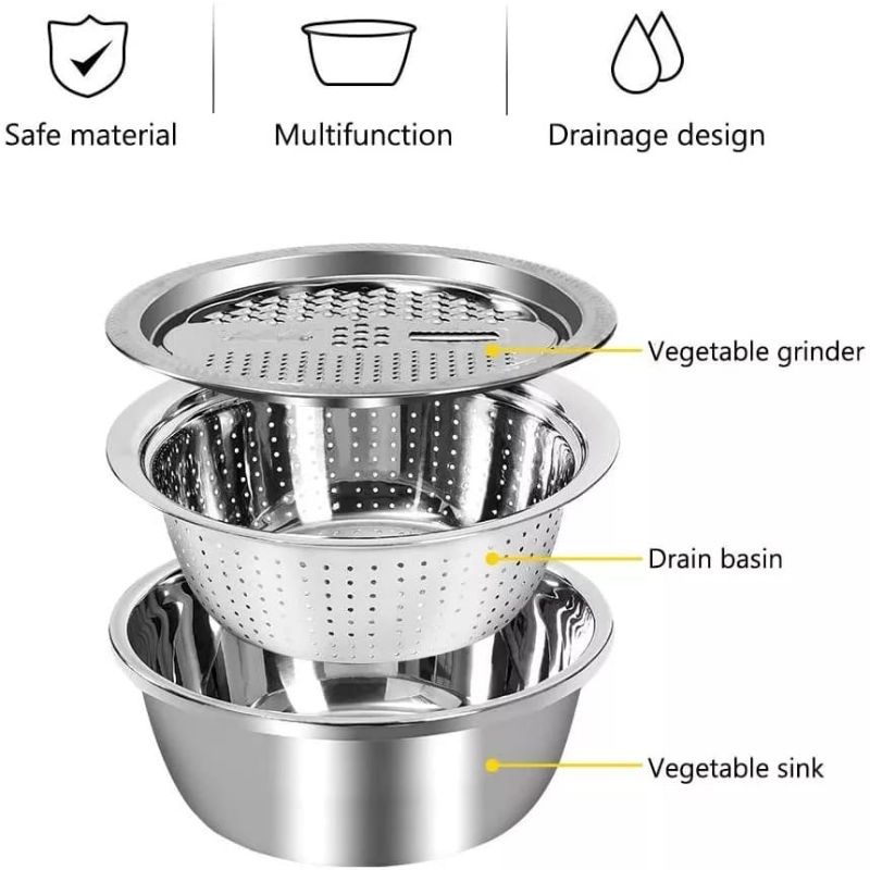 Parutan Serbaguna SET 3 in 1 STAINLESS Drain Basin Rice Washing Strainer Set Kitchen Grater Set Bowl Parut Iris Potong Serut Es Sayuran