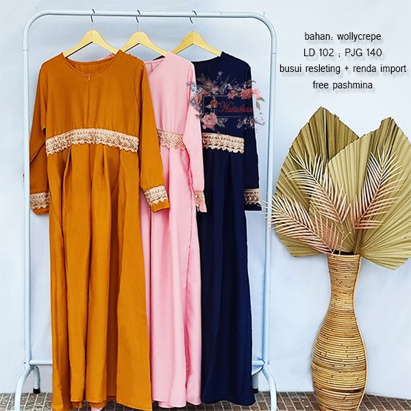 Gamis Syari Terbaru kekinian Bahan Wollycrepe Baju Masa kini Polos Mix Renda Cantik Promo Murah Long Dress Kombinasi Renda FREE PASHMINA