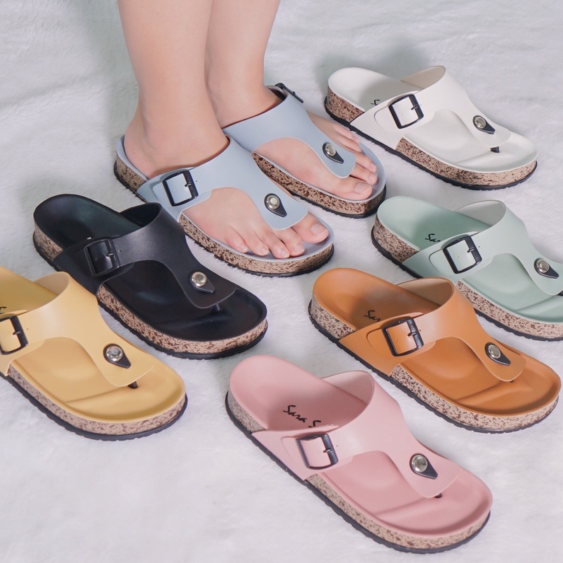 SARASARA YUK - LEONY Sandal Wanita Jepit Casual Size 36 - 40 Model Birken Sol Puyuh Sara Sara Sendal Cewek Rumahan Bahan Kulit Santai Strap Gesper Empuk 37 38 39 Warna Green Hijau Japit Anti Slip Premium Original Terbaru Shoes ORI Mall Official Store