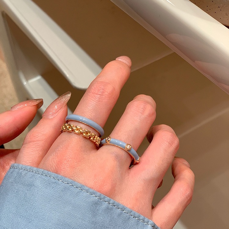 Biru Lapisan Ganda Terbuka Cincin Drip Glasir Cincin Polos Mode Cahaya Mewah Niche Unik ins Gaya Cincin Perhiasan