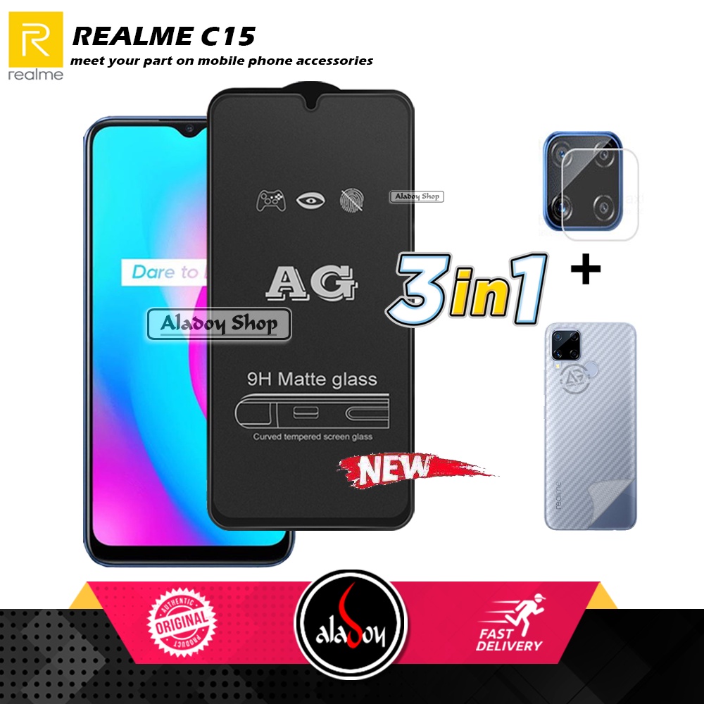 Paket 3IN1 Tempered Glass Layar Matte Anti Glare Realme C15 Free Tempered Glass Camera dan Skin Carbon