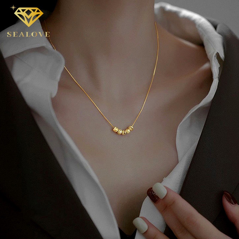 Kalung titanium perak wanita anti karat perhiasan Korea manik-manik keberuntungan