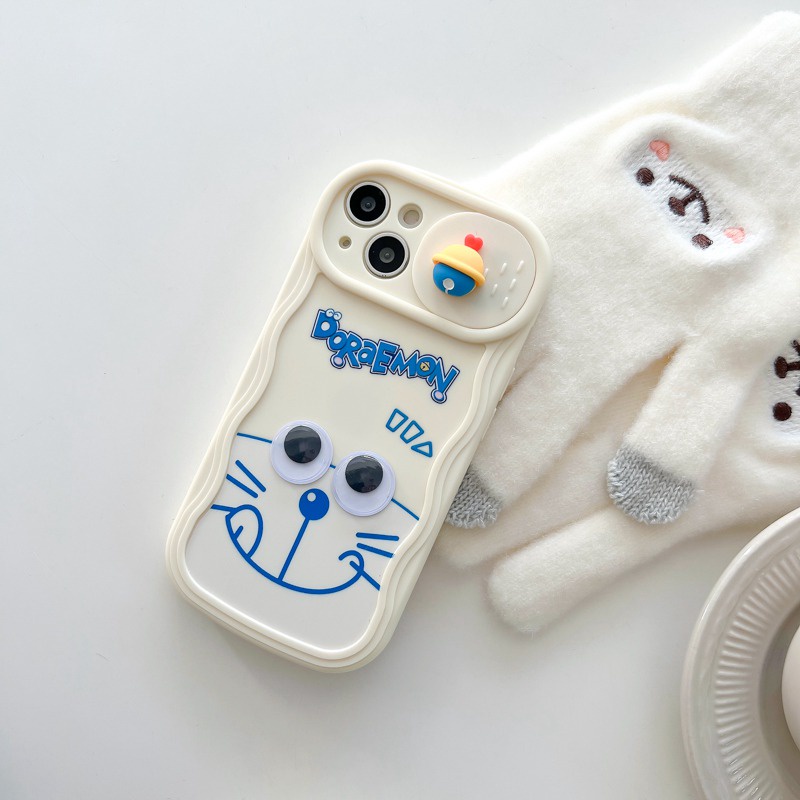 Eyes Move Doraemon Doll Push The Window Cover Soft Case iP iPhone 11 12 13 14 Pro Max + Plus Wavy Casing Apple