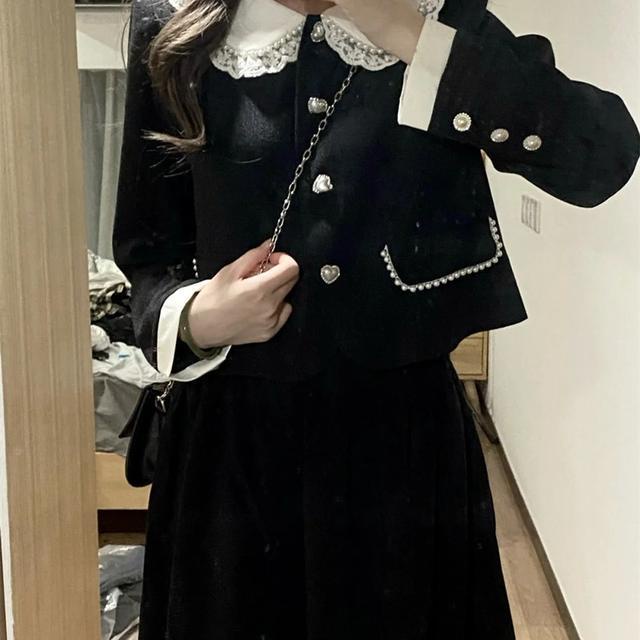 Suhao Boneka Kerah Slim Temperamen Lengan Panjang Kecil Wangi Jaket + Rok Panjang Wanita Musim Gugur 2022 one-Piece Suit